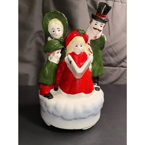 Christmas Carolers Music Box Vintage Ceramic Silent Night Rotates Works 8”Lx5”W - Picture 1 of 16